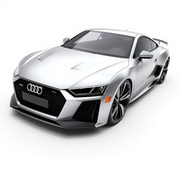 A striking 3D rendering of the Audi RS sports car, depicted in a sleek silver finish set against a clean white background