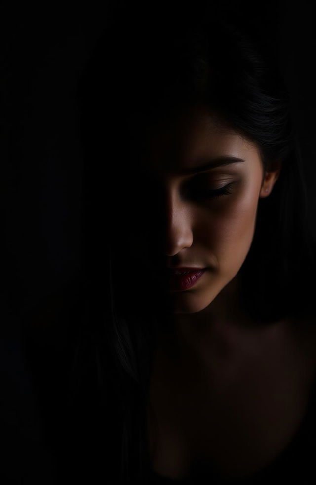 A dark, moody portrait of a female figure expressing deep emotion after forgiving someone