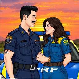 A couple gazing at each other and smiling, the man is a Brazilian military police officer in the distinctive dark blue and yellow uniform of the Florianópolis military police