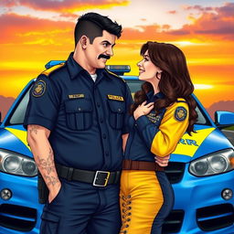 A couple gazing at each other and smiling, the man is a Brazilian military police officer in the distinctive dark blue and yellow uniform of the Florianópolis military police