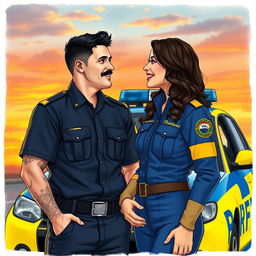 A couple gazing at each other and smiling, the man is a Brazilian military police officer in the distinctive dark blue and yellow uniform of the Florianópolis military police