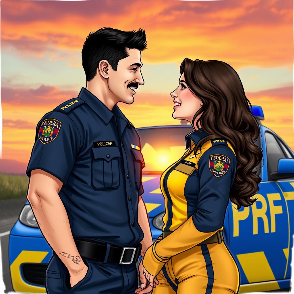 A couple gazing at each other and smiling, the man is a Brazilian military police officer in the distinctive dark blue and yellow uniform of the Florianópolis military police