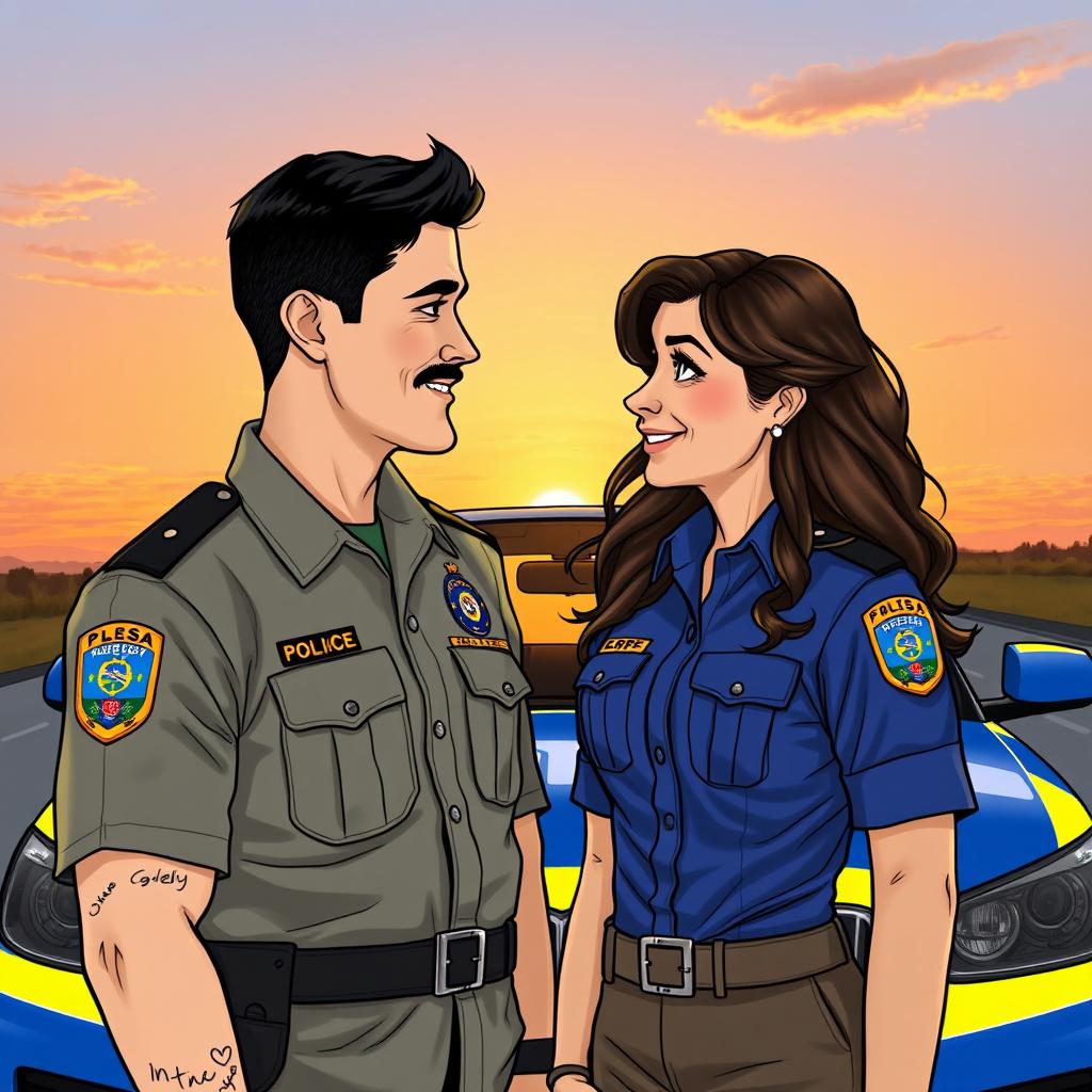 A couple looking at each other and smiling, the man is a Brazilian military police officer wearing the distinct uniform of the Florianópolis military police