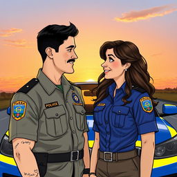 A couple looking at each other and smiling, the man is a Brazilian military police officer wearing the distinct uniform of the Florianópolis military police