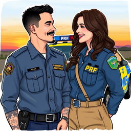 A couple looking at each other and smiling, the man is a Brazilian military police officer wearing the distinct uniform of the Florianópolis military police