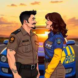 A couple looking at each other and smiling, the man is a Brazilian military police officer wearing the distinct uniform of the Florianópolis military police