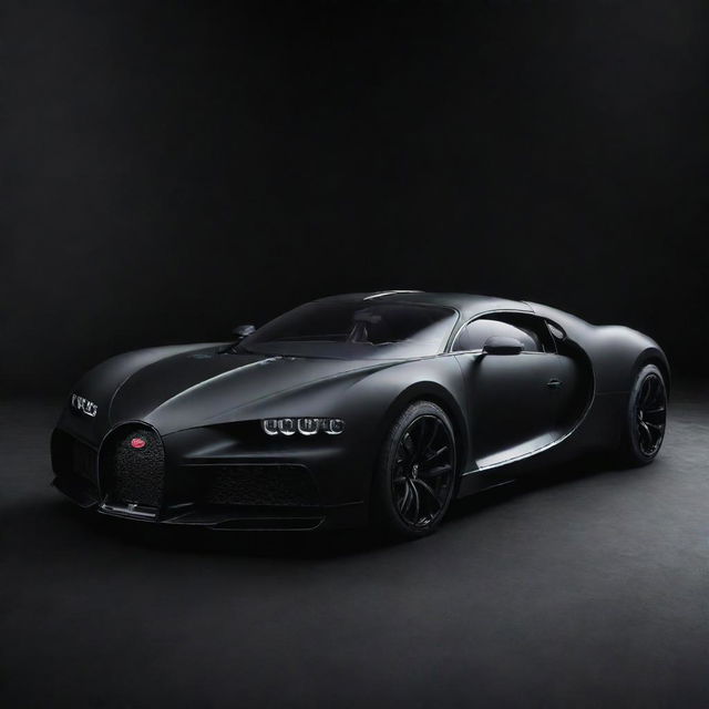 Produce an image of the iconic matte black Bugatti La Voiture Noire, displayed in all its opulent glory against a contrasting background.