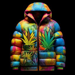 A streetwear style puffer jacket, infused with the vibrant, hallucinatory art of Takashi Murakami, featuring a detailed, exquisitely rendered marijuana leaf as the main design.