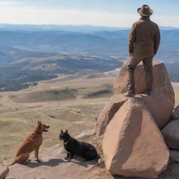 Viewpoint from a person standing on a square rock on a snowless mountain with a high landscape. To their left, a man in a brown cowboy hat beside a triangular rock, and next to him, a creature with interchangeable dog and cat heads sporting a disturbing smile.