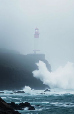 A stunning lighthouse standing tall on a remote island, surrounded by thick fog that adds an air of mystery