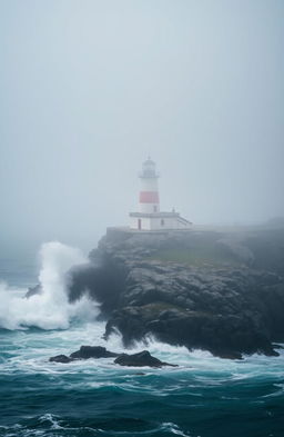 A stunning lighthouse standing tall on a remote island, surrounded by thick fog that adds an air of mystery