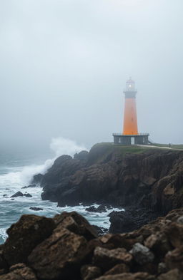 A stunning lighthouse standing tall on a remote island, surrounded by thick fog that adds an air of mystery