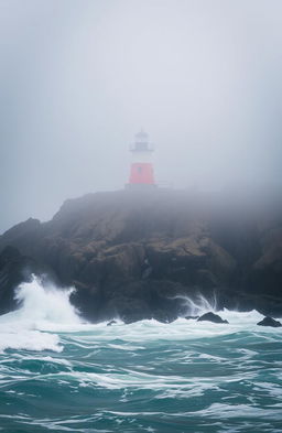 A stunning lighthouse standing tall on a remote island, surrounded by thick fog that adds an air of mystery