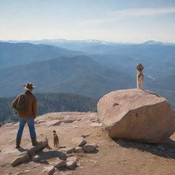 Viewpoint from a person standing on a square rock on a snowless mountain with a high landscape. To their left, a man in a brown cowboy hat beside a triangular rock, and next to him, a creature with interchangeable dog and cat heads sporting a disturbing smile.