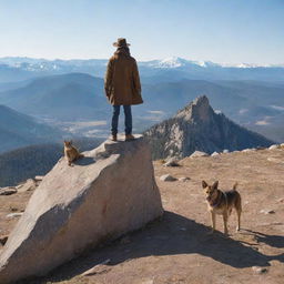 Viewpoint from a person standing on a square rock on a snowless mountain with a high landscape. To their left, a man in a brown cowboy hat beside a triangular rock, and next to him, a creature with interchangeable dog and cat heads sporting a disturbing smile.