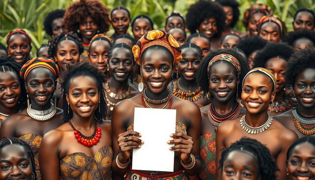 A vibrant scene depicting hundreds of black women from an African tribe, all showcasing their beauty and confidence