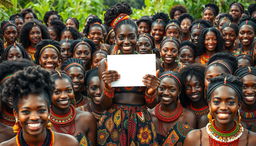 A vibrant scene depicting hundreds of black women from an African tribe, all showcasing their beauty and confidence