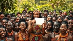 A vibrant scene depicting hundreds of black women from an African tribe, all showcasing their beauty and confidence