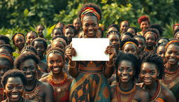 A vibrant scene depicting hundreds of black women from an African tribe, all showcasing their beauty and confidence