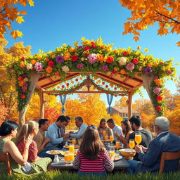 A vibrant and festive scene of the Jewish holiday Sukkot