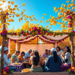 A vibrant and festive scene of the Jewish holiday Sukkot