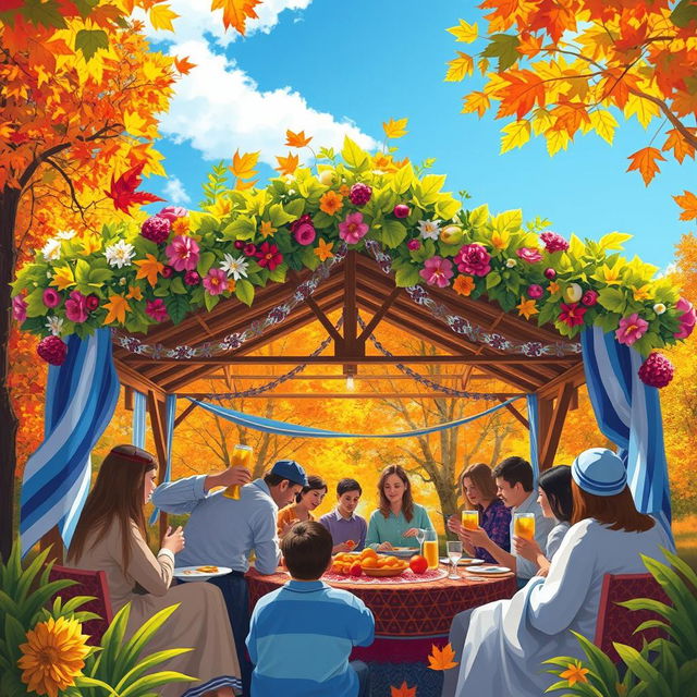 A vibrant and festive scene of the Jewish holiday Sukkot