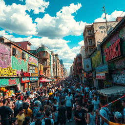 A vivid depiction of chaos in a bustling city scene filled with colorful graffiti, wild street performances, and a sense of frenetic energy