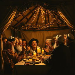 A dramatic and richly detailed scene of the Jewish holiday Sukkot painted in the style of Rembrandt