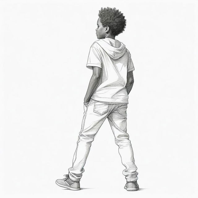 A 2D sketch of the rear view of an African American boy. He's casually dressed, sporting a playful and energetic aura, seen in his loose posture and slight bend in his knees.