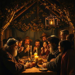 A dramatic and richly detailed scene of the Jewish holiday Sukkot painted in the style of Rembrandt