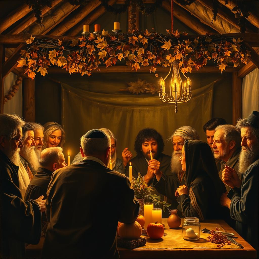 A dramatic and richly detailed scene of the Jewish holiday Sukkot painted in the style of Rembrandt