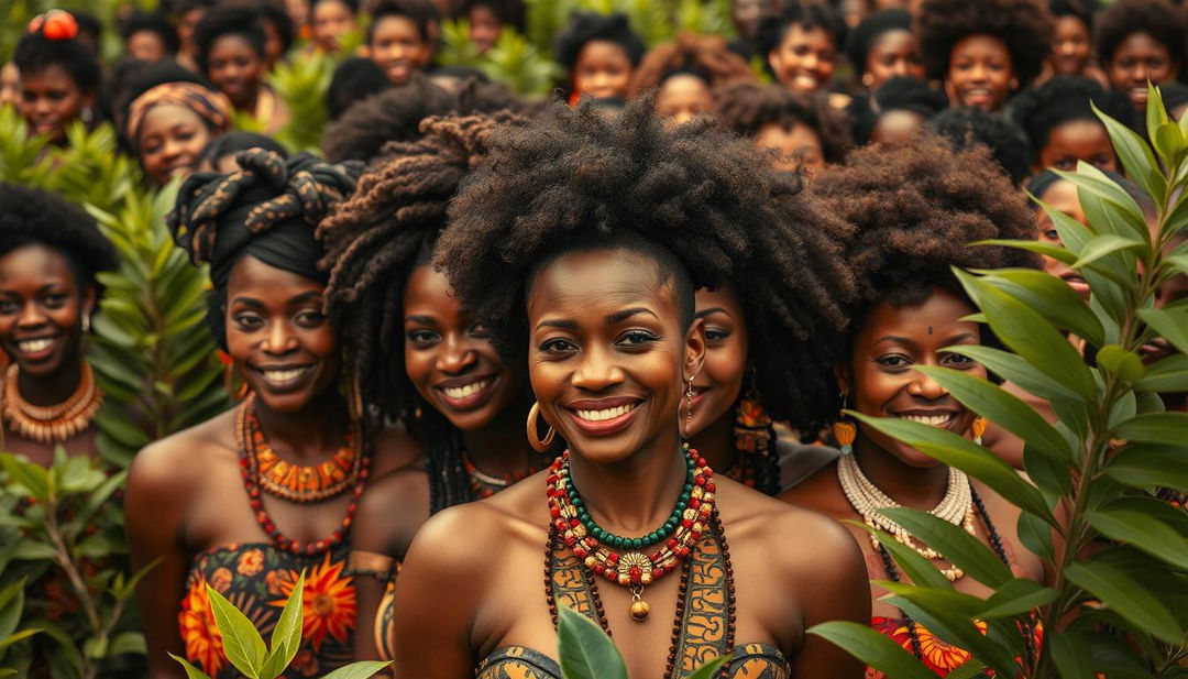 A vibrant and captivating scene showcasing hundreds of black women from an African tribe, all exuding beauty, confidence, and sensuality