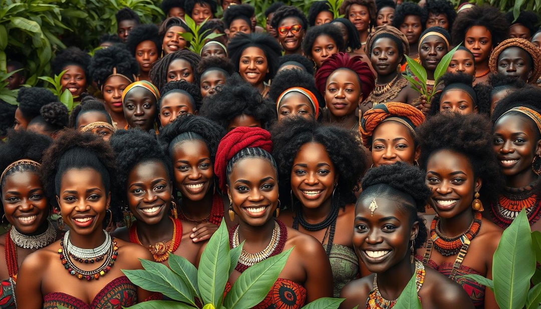 A vibrant and captivating scene showcasing hundreds of black women from an African tribe, all exuding beauty, confidence, and sensuality