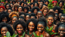 A vibrant and captivating scene showcasing hundreds of black women from an African tribe, all exuding beauty, confidence, and sensuality