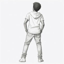 A 2D sketch of the rear view of an African American boy. He's casually dressed, sporting a playful and energetic aura, seen in his loose posture and slight bend in his knees.