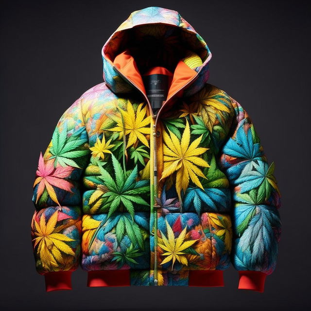 A streetwear style puffer jacket, infused with the vibrant, hallucinatory art of Takashi Murakami, featuring a detailed, exquisitely rendered marijuana leaf as the main design.