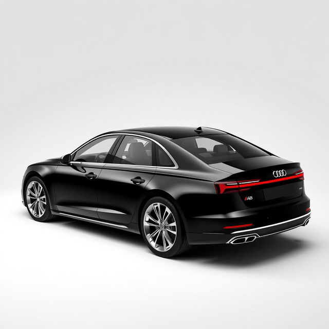 A sophisticated 3D rendering of the Audi A8 luxury sedan, presented in a sleek black finish against a clean white background