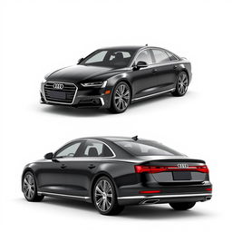 A sophisticated 3D rendering of the Audi A8 luxury sedan, presented in a sleek black finish against a clean white background