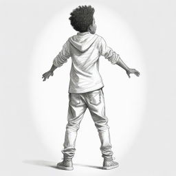 A 2D sketch of the rear view of an African American boy. He's casually dressed, sporting a playful and energetic aura, seen in his loose posture and slight bend in his knees.