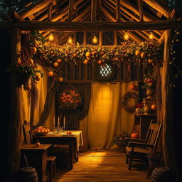 An intimate and beautifully detailed depiction of a Sukkah, inspired by the style of Rembrandt