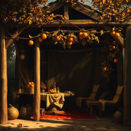 An intimate and beautifully detailed depiction of a Sukkah, inspired by the style of Rembrandt