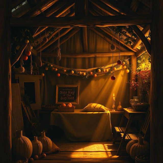 An intimate and beautifully detailed depiction of a Sukkah, inspired by the style of Rembrandt