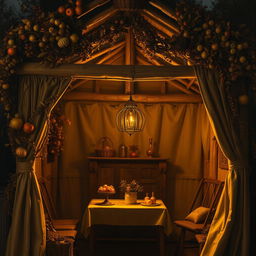 An intimate and beautifully detailed depiction of a Sukkah, inspired by the style of Rembrandt