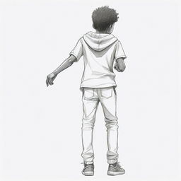 A 2D sketch of the rear view of an African American boy. He's casually dressed, sporting a playful and energetic aura, seen in his loose posture and slight bend in his knees.