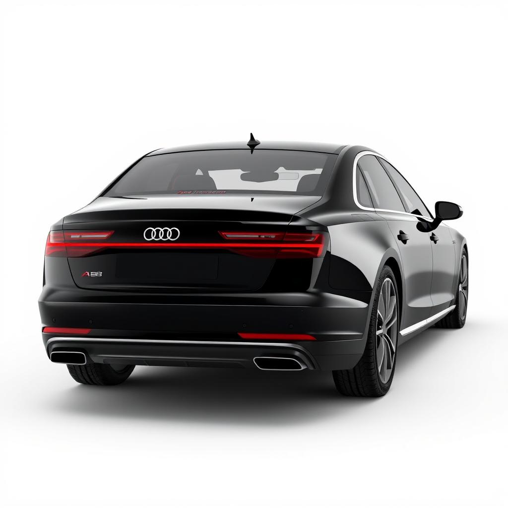 A sleek 3D rendering of the Audi A8 luxury sedan, shown in a striking black finish against a clean white background