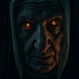 A close-up portrait of an elderly, sinister nun looking directly at the camera