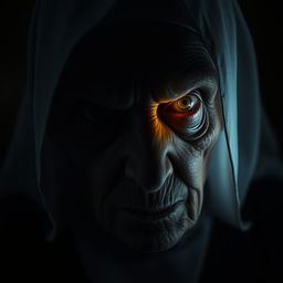 A close-up portrait of an elderly, sinister nun looking directly at the camera