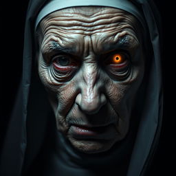 A close-up portrait of an elderly, sinister nun looking directly at the camera