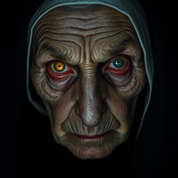 A close-up portrait of an elderly, sinister nun looking directly at the camera