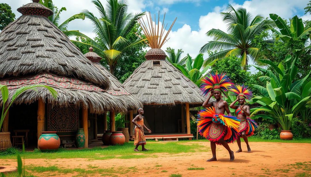 An eye-catching and vibrant scene set against a traditional African tribal background, featuring intricate patterns, colorful textiles, and authentic tribal artifacts